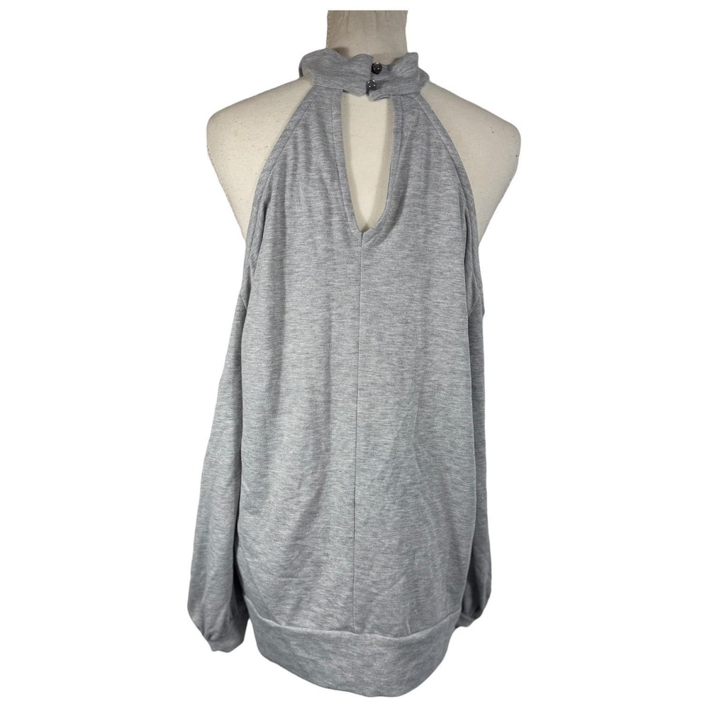 VENUS Cold Shoulder Top Womens L Gray Rhinestone Keyhole Halter Long Sleeve - Picture 5 of 17